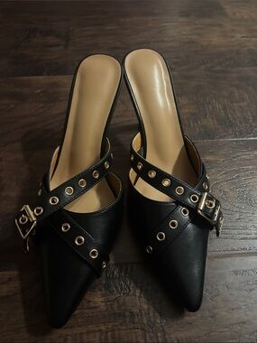 Black Pointed Mule Heels with Gold Eyelet Straps